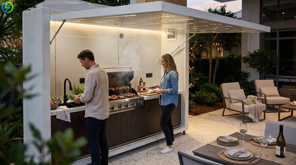white bbq outdoor kitchen